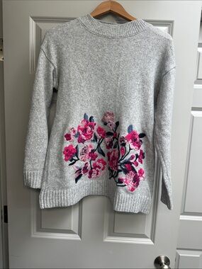 Joules Light Gray Crewneck Sweater with Pink Floral Embroidery